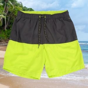 GEORGE Charcoal Gray/Chartreuse Green Colorblock Men's  Swim Shorts Swimsuit